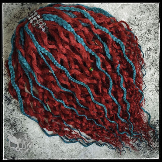 Bright Red Ginger and Green Curly Dreads Extensions.