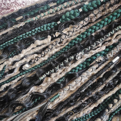 Dark Forest Elf Dreads Gray Black and Green with Curls