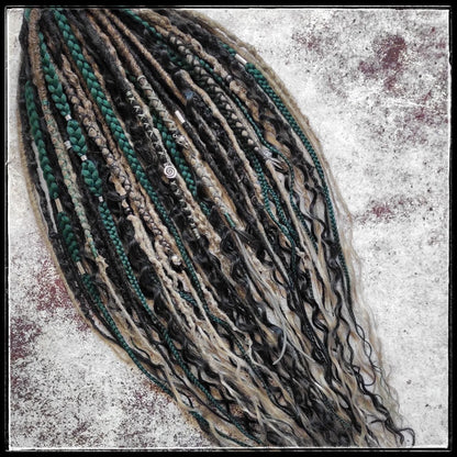 Dark Forest Elf Dreads Gray Black and Green with Curls