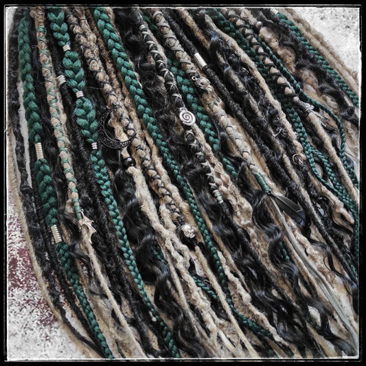 Dark Forest Elf Dreads Gray Black and Green with Curls