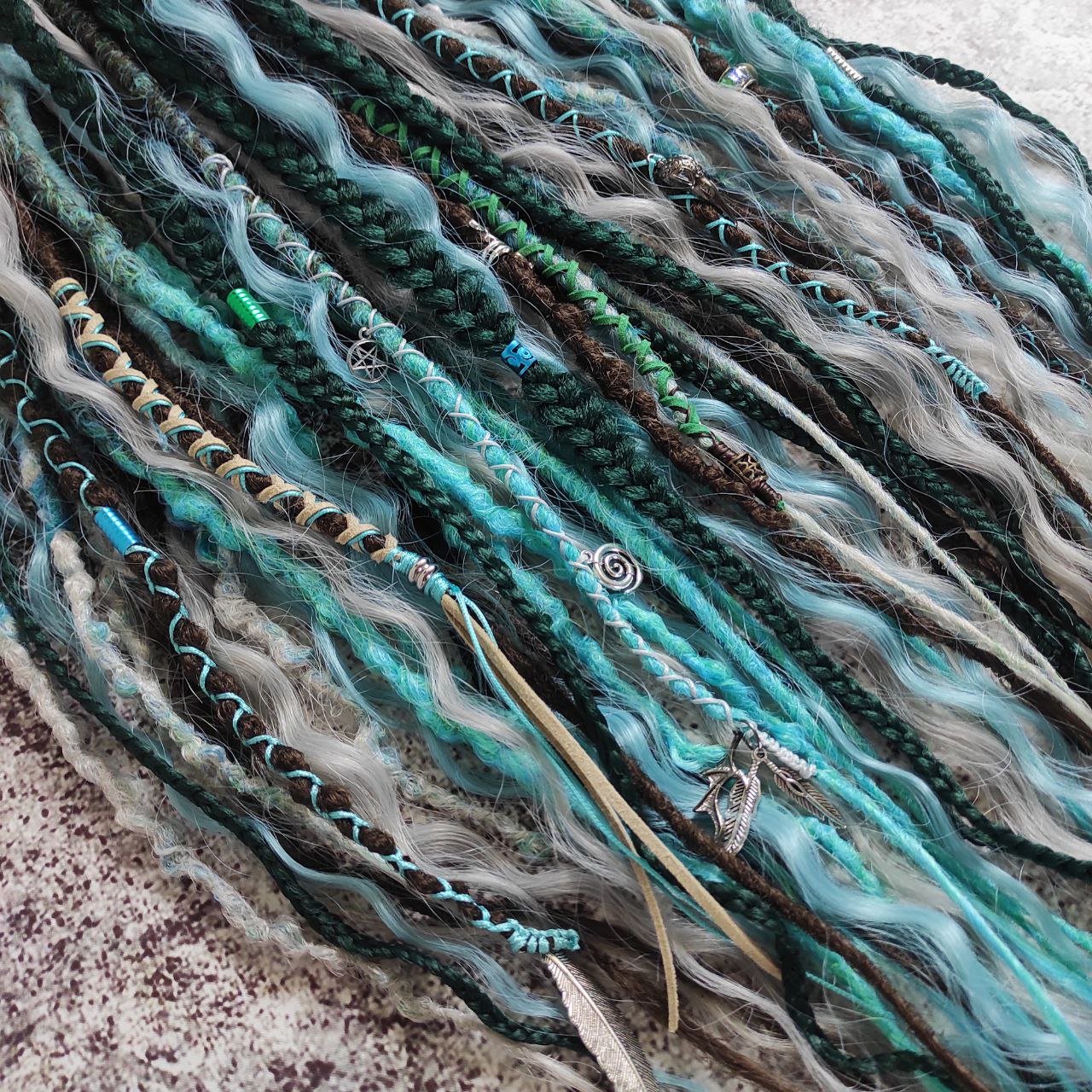 Brown Green Synthetic Dreads with Blue and Gray Curls and Emerald Braids
