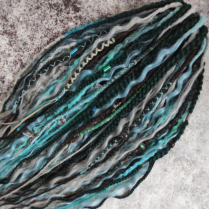 Brown Green Synthetic Dreads with Blue and Gray Curls and Emerald Braids