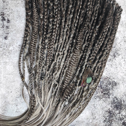 Brown Grey Ombre Dreads with Feathers