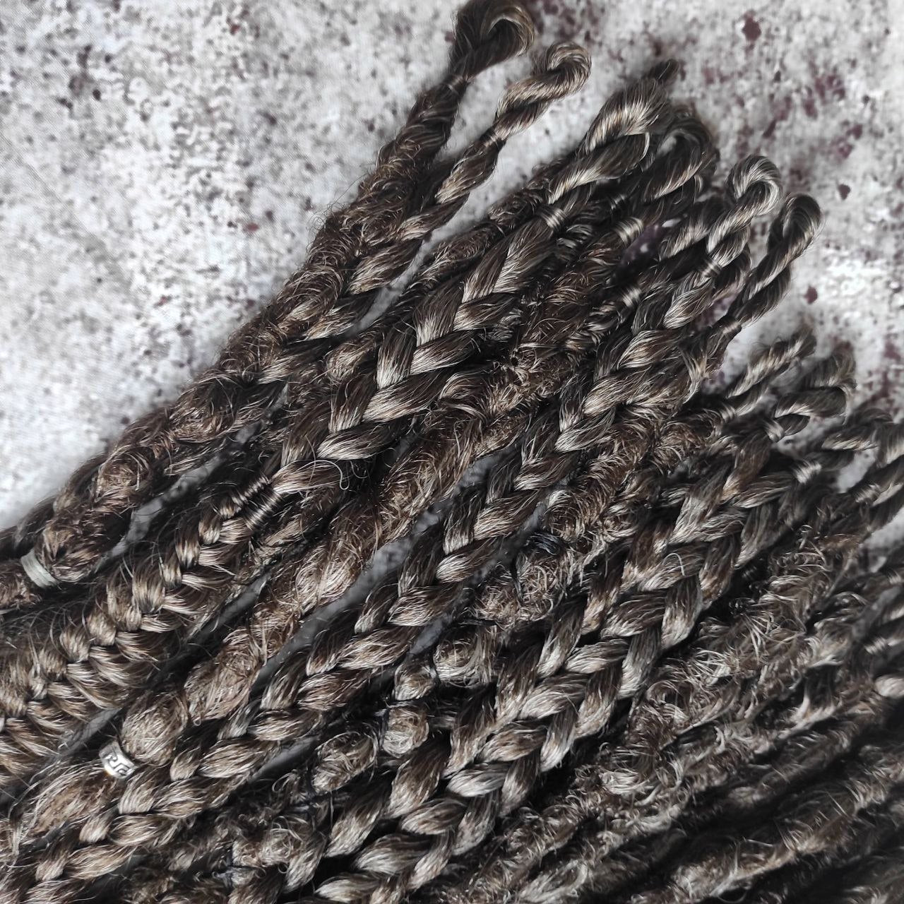 Single Ended Brown Grey Ombre Dreads with Feathers