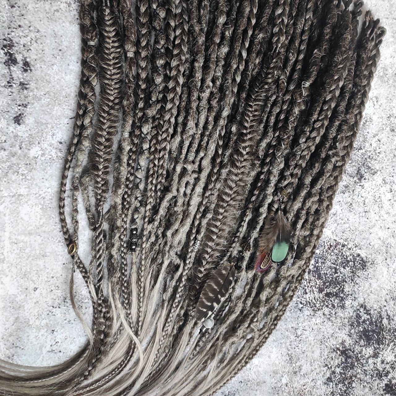 Brown Grey Ombre Dreads with Feathers