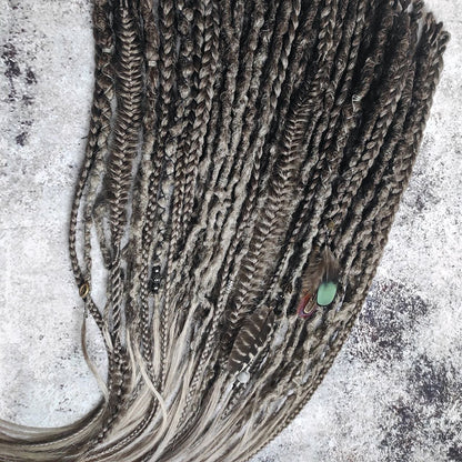 Brown Grey Ombre Dreads with Feathers