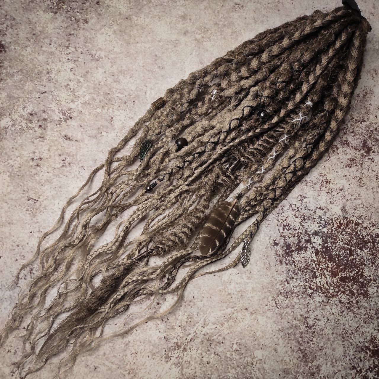 Brown Grey Ombre Dreads with Feathers 15DE 16-18 inches