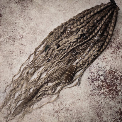 Brown Grey Ombre Dreads with Feathers 15DE 16-18 inches