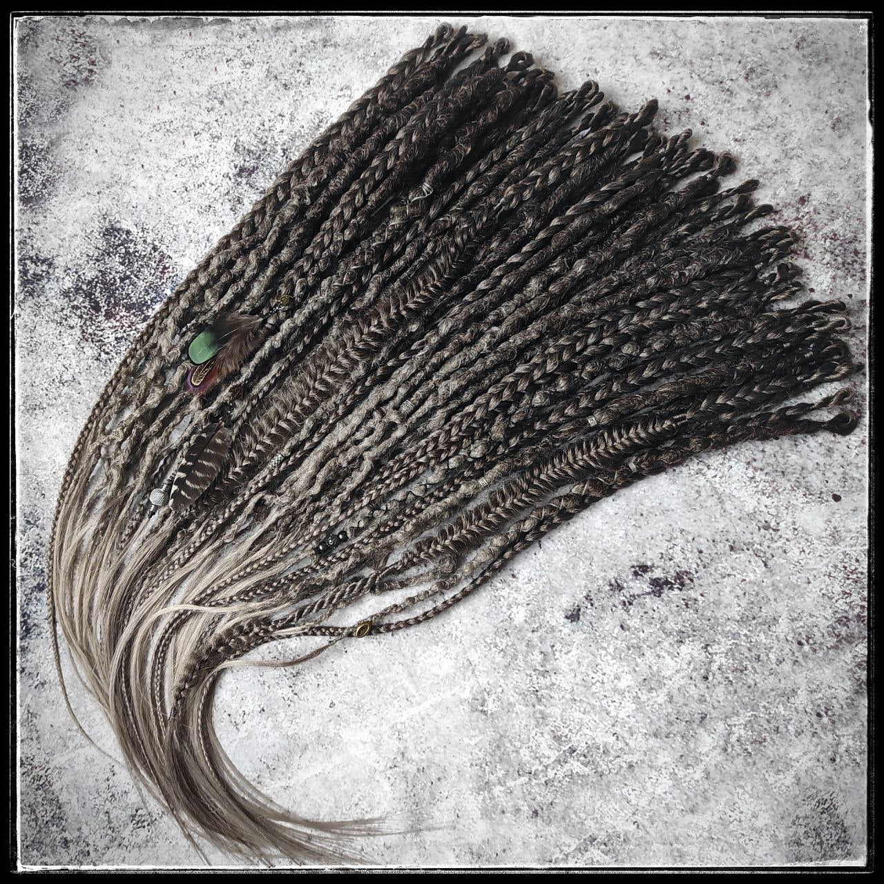 Brown Grey Ombre Dreads with Feathers