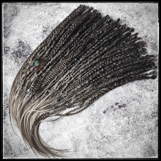 Brown Grey Ombre Dreads with Feathers