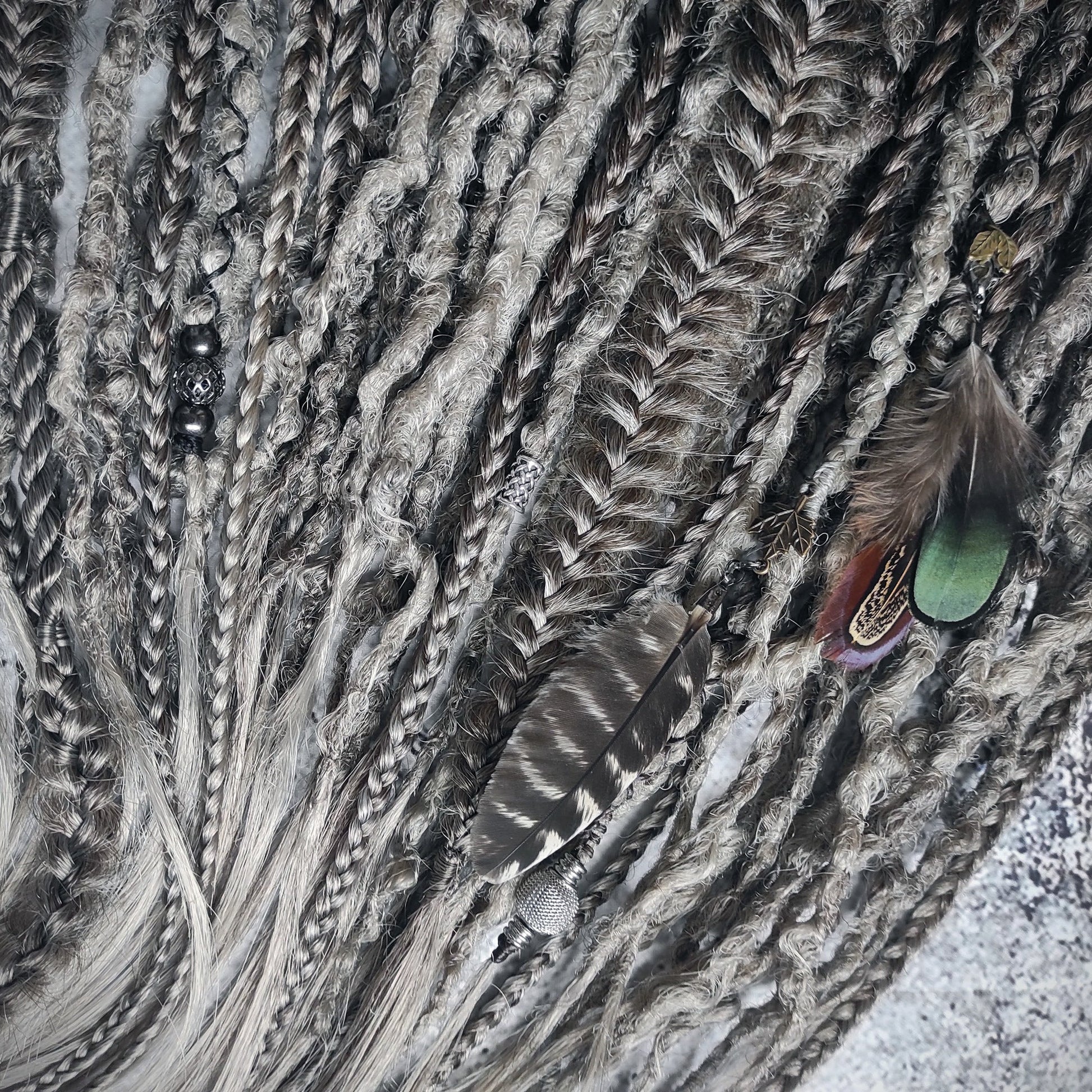 Brown Grey Ombre Dreads with Feathers