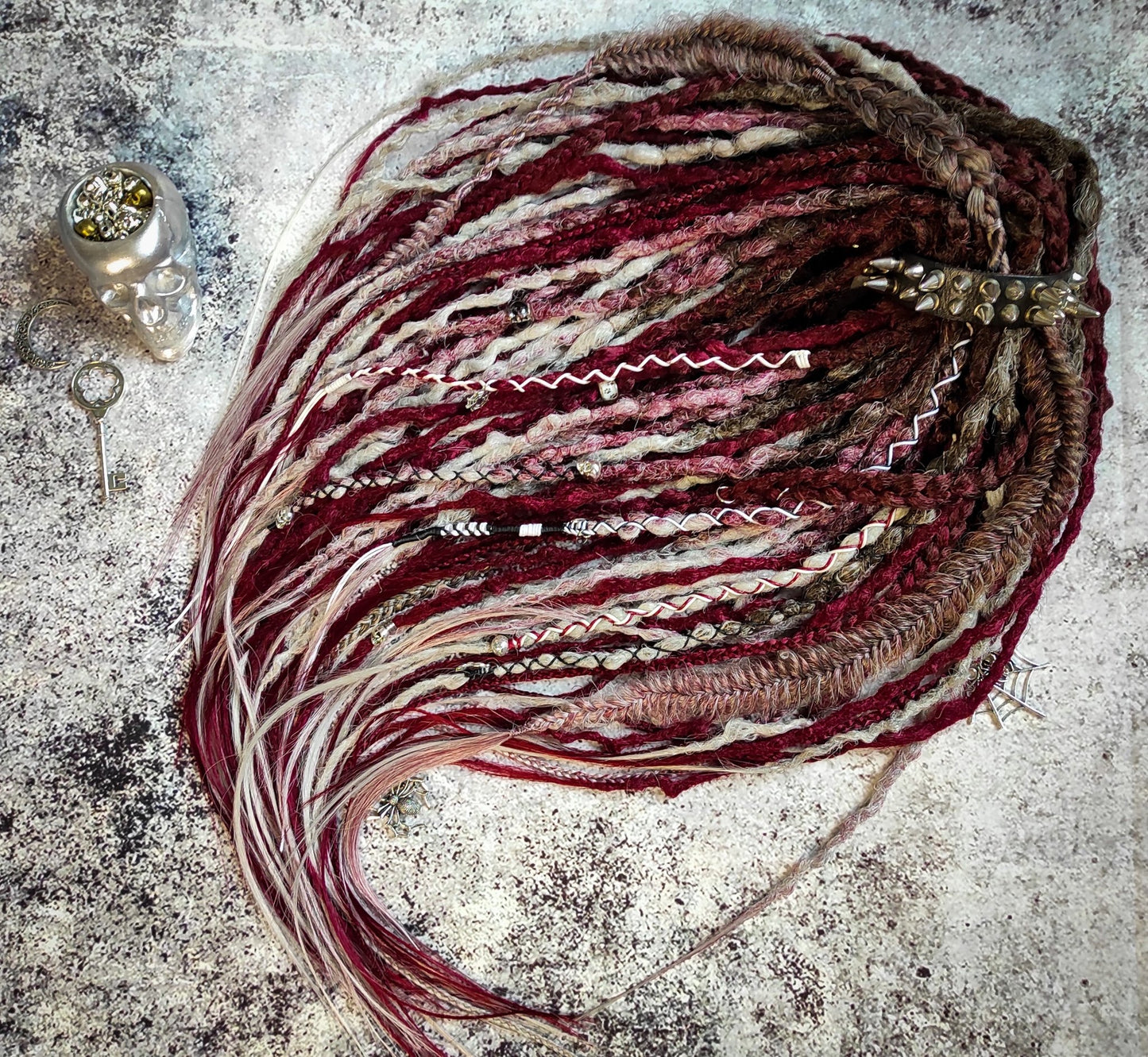 Brown to Red and Grey Ombre Synthetic Dreads with Braids