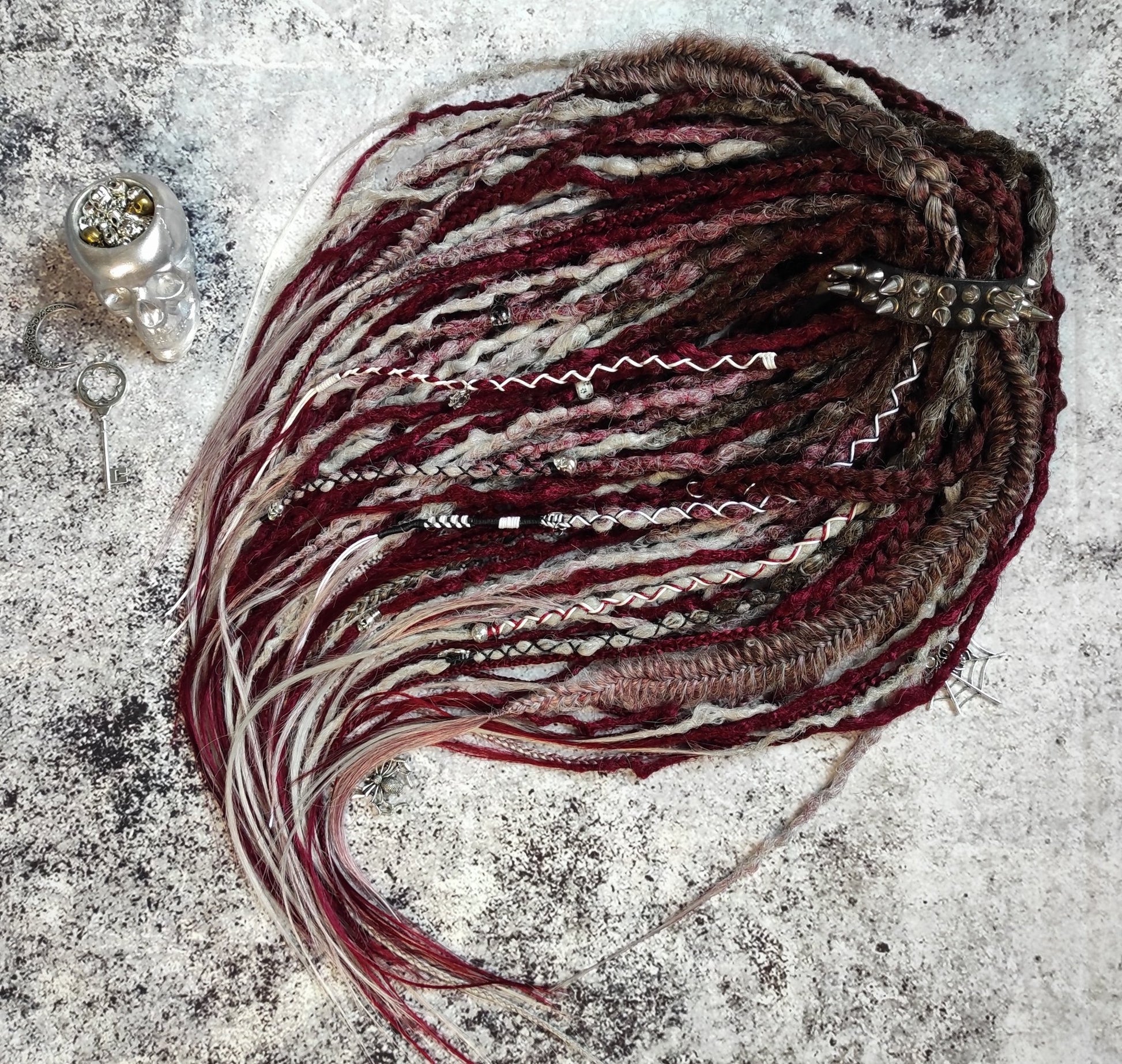 Brown to Red and Grey Ombre Synthetic Dreads with Braids