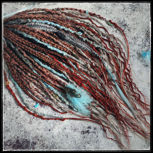 Brown to Red Ginger Gray and Blue Ombre Synthetic Dreads with Curly Braids