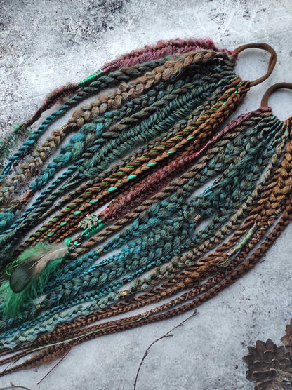 Brown and Green Synthetic Braids with Elastic Hair bands