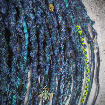 Dark Green Blue Dreads with Braids. Emerald Synthetic  Dreads Extensions.