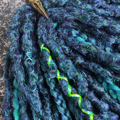 Dark Green Blue Dreads with Braids. Emerald Synthetic  Dreads Extensions.