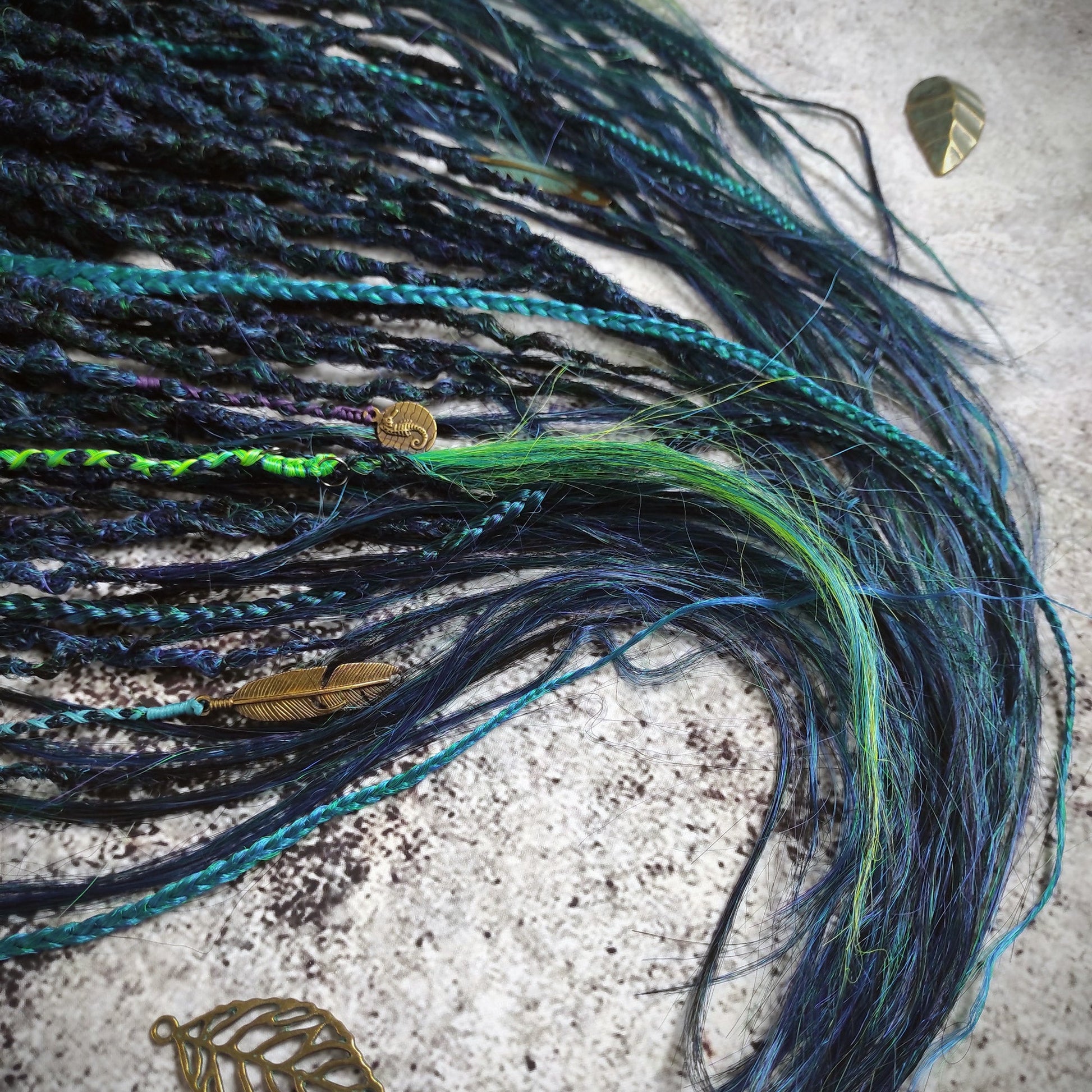 Dark Green Blue Dreads with Braids. Emerald Synthetic  Dreads Extensions.