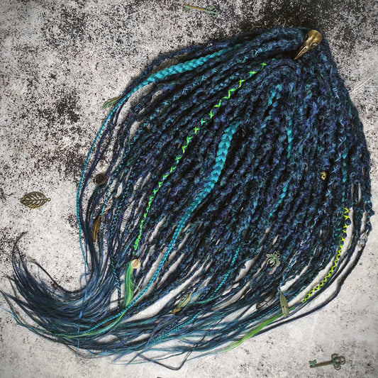 Dark Green Blue Dreads with Braids. Emerald Synthetic  Dreads Extensions.