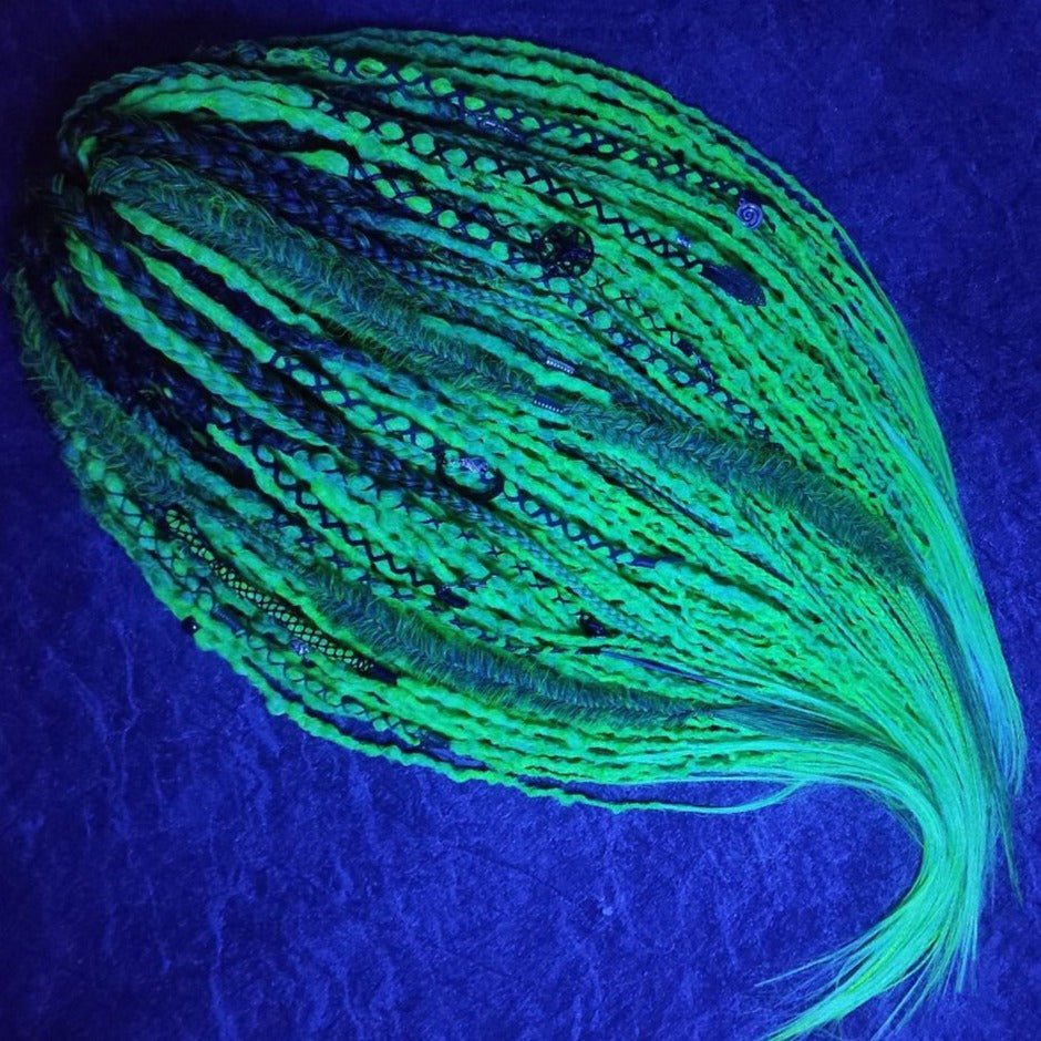 fluo green dreadlocks with braids and goth jewelry