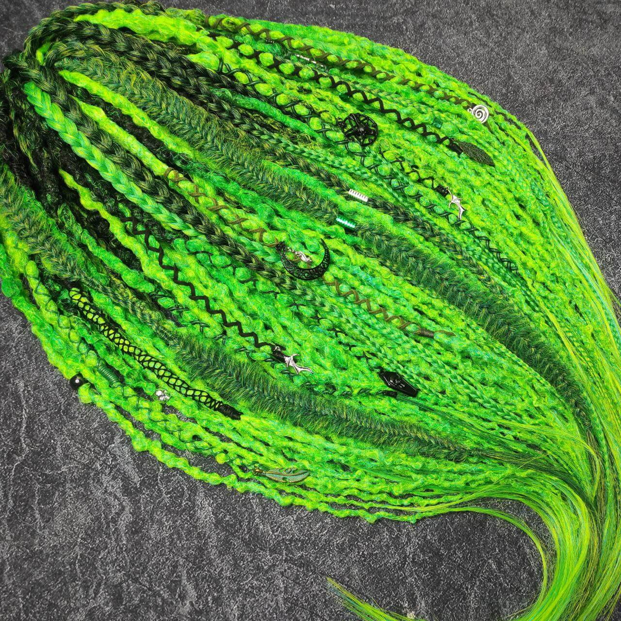 fluo green dreadlocks with braids and goth jewelry