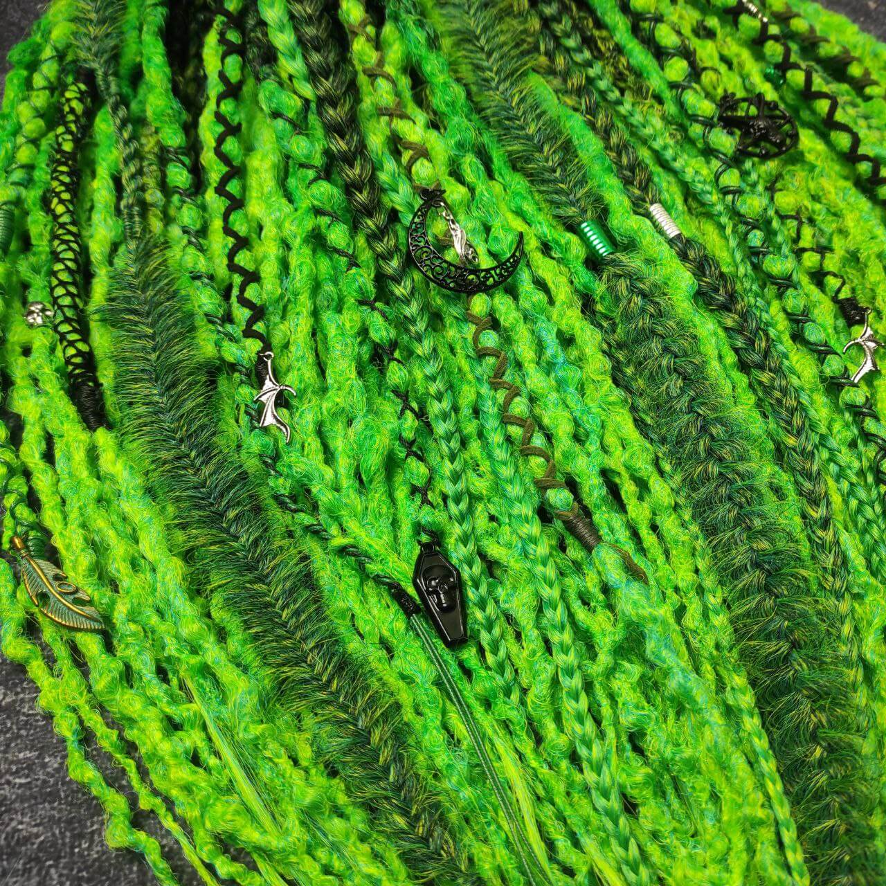 fluo green dreadlocks with braids and goth jewelry