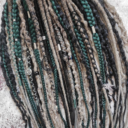 Dark Forest Elf Dreads Gray Black and Green Braids