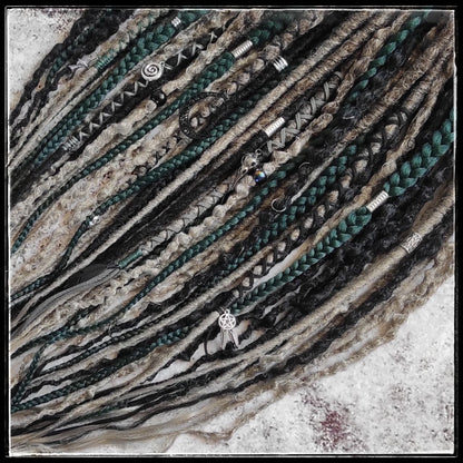 Dark Forest Elf Dreads Gray Black and Green Braids