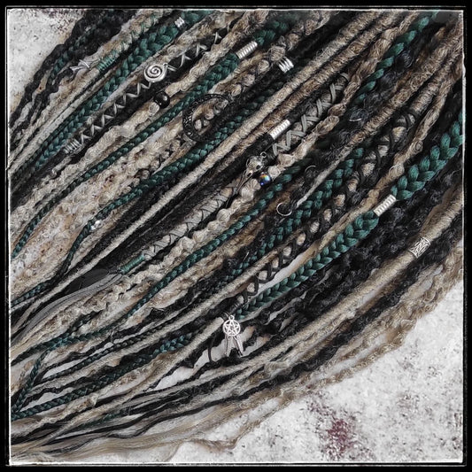 Dark Forest Elf Dreads Gray Black and Green Braids