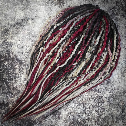 Synthetic 30-double-ended dreads in a solid black shade transitioning to red and grey ombre